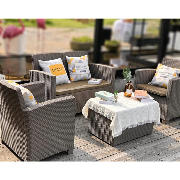 Homeology SANTANA 4 Piece PE Rattan 4-Seater with Cushions Garden Furniture and Coffee Table Set in Greige