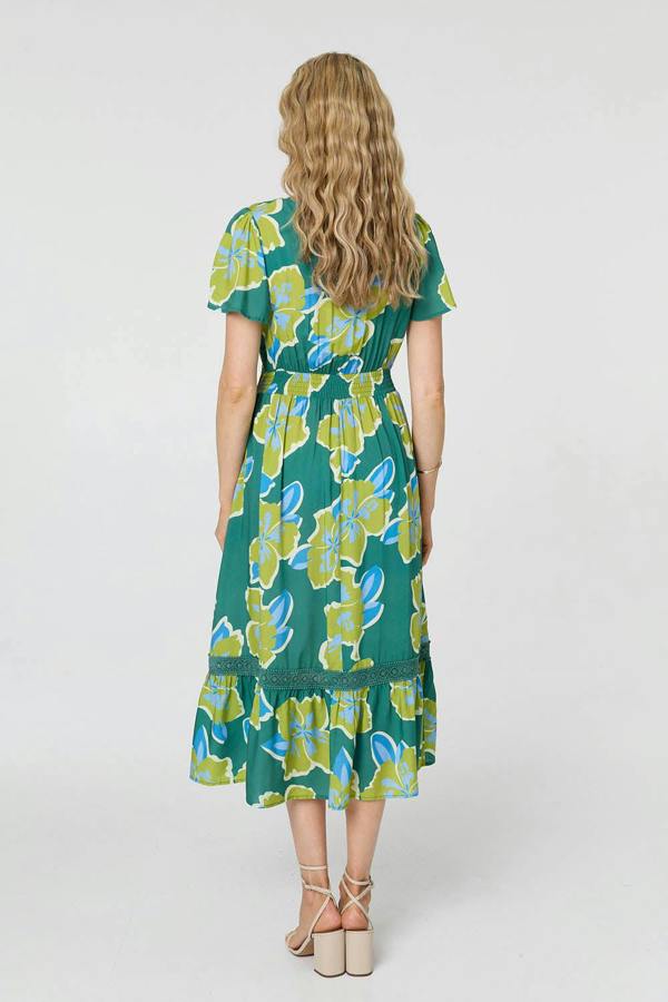 Green | Floral Angel Sleeve Relaxed Midi Dress