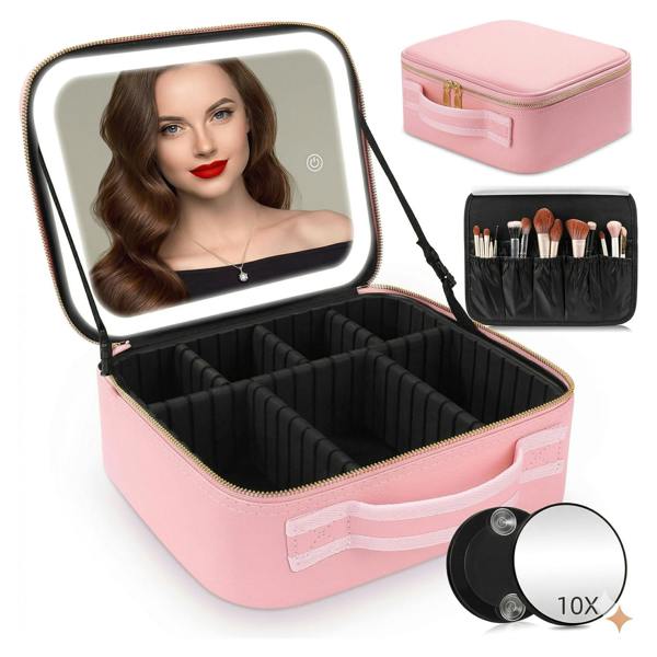 Dragodirect Travel Makeup Organizer with LED Mirror Waterproof Cosmetic Bag