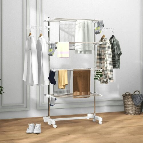 Bobobiy Four-Shelf Collapsing Clothes Horse, With Side Arms and Wheels - White - White