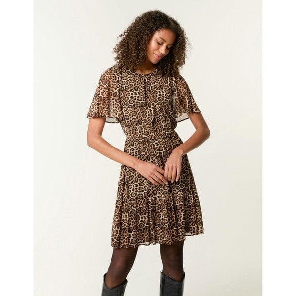 Blue Vanilla Leopard Print Mesh Crew Neck Mini Dress