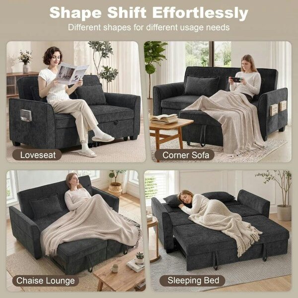 2 Seater Sofa Bed, 4-in-1 L-Shaped Convertible Pull-Out Sleeper Sofa with Adjustable Backrest and Side Pockets, Black