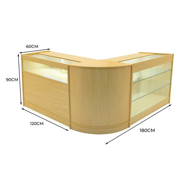Triton LED Shop Counter Set in maple finish, featuring a curved design, glass display shelves, and integrated LED lighting
