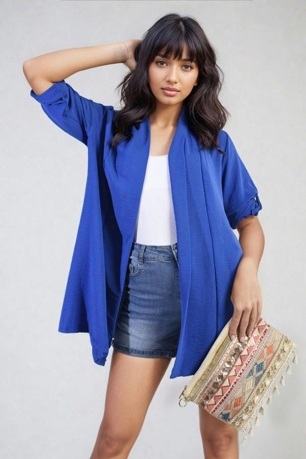 Vivian Open Front Roll Up Sleeve Cardigan - Royal