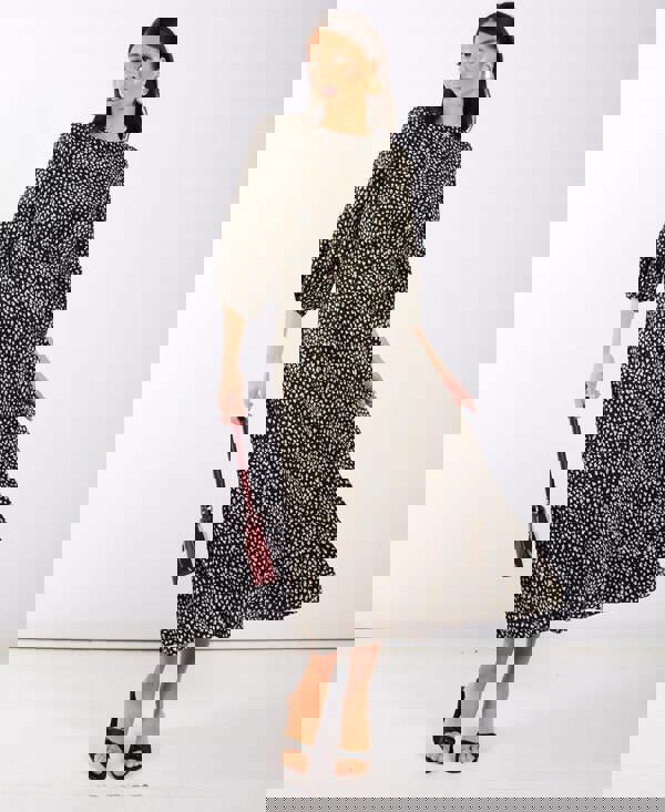 Black Spotty 3/4 Sleeve Midi Dress