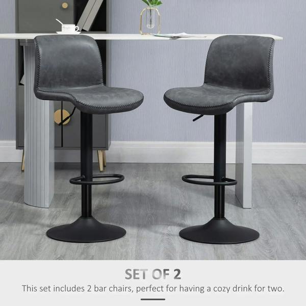 Set of 2 dark grey bar stools with backrest, footrest ring, and black pedestal bases