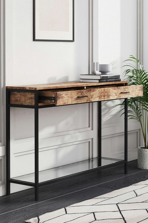 Living and Home Rustic Style Brown Drawer Console with Glass Shelf
