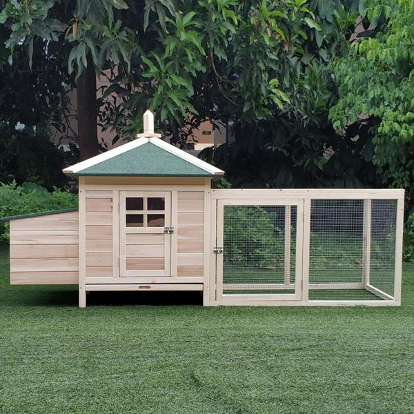 Wooden chicken coop with green roof and wire mesh run next to garden bushes