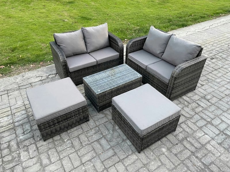 Fimous Rattan Garden Furniture Set 6 Seater Patio Outdoor Lounge Sofa Set with Rectangular Coffee Table 2 Big Footstool Dark Grey Mixed