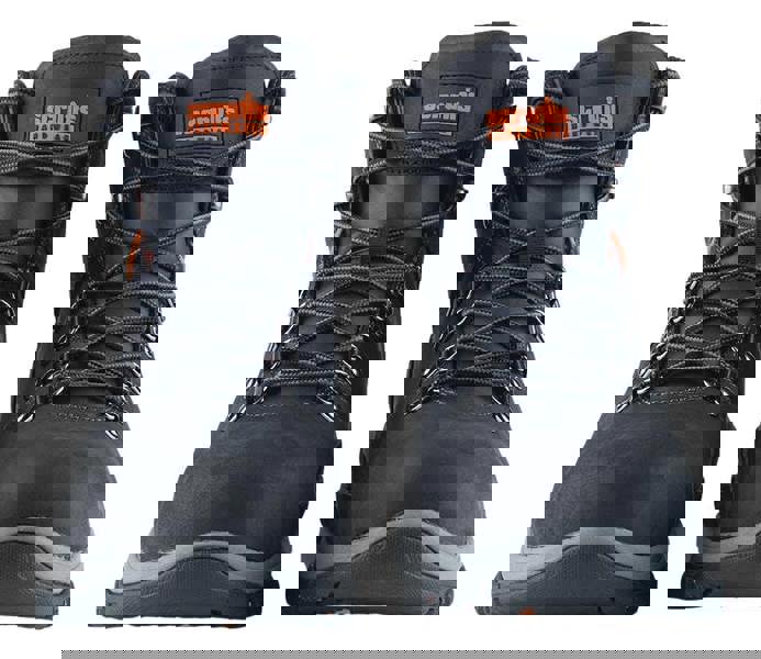 Scruffs Rafter Mens SBP Safety Steel Toe Midsole Work Ankle Boots, black safety work boots with steel toe cap, midsole protection, and durable lacing system for industrial safety.