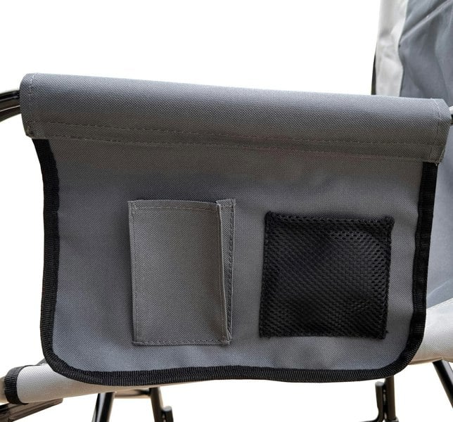 The side storage pocket of the OLPRO Directors Camping Chair in grey.