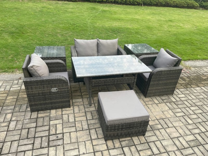 Fimous Outdoor Rattan Garden Furniture Lounge Sofa Set With Oblong Rectangular Dining Table 2 PC Reclining Chair 2 PC Side Table Big Footstool