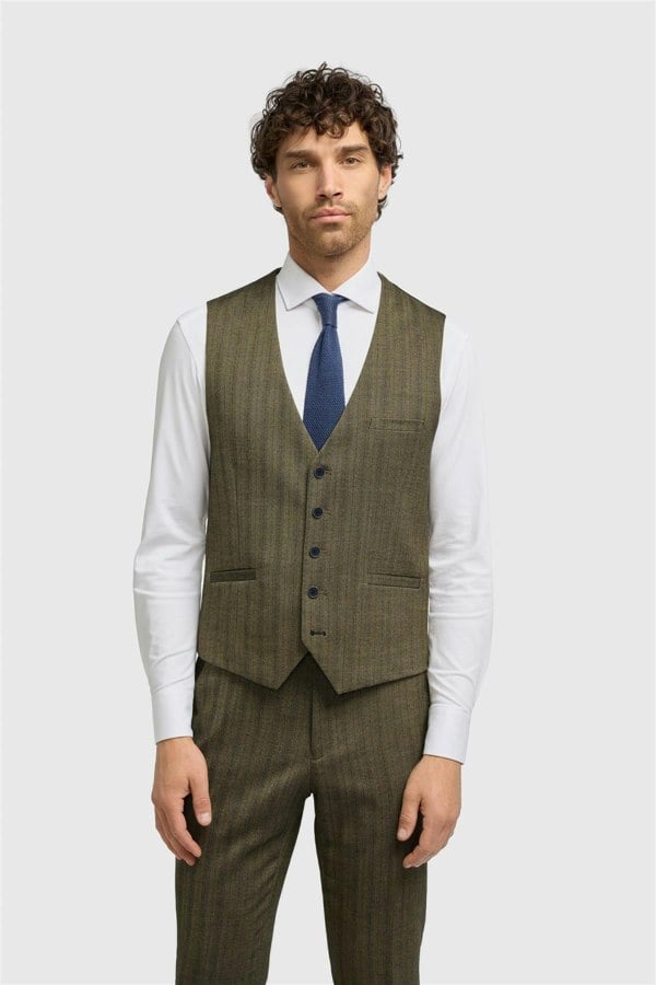 House Of Cavani Damon - Men's Olive Green Tweed Herringbone Waistcoat