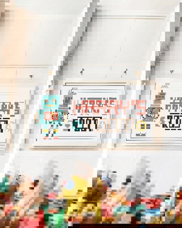 Personalised Robot Wall Art for Kids – Framed Print with Retro Charm