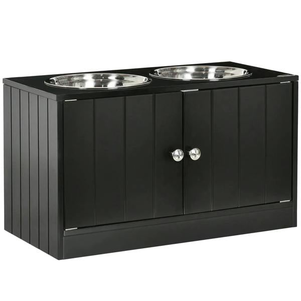 Black raised pet feeder with two stainless steel bowls and front storage cabinet.
