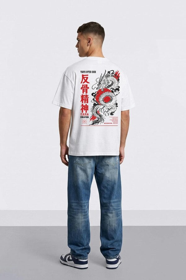 London Attitude Tokyo After Dark Dragon Oversized Heavyweight Graphic T-Shirt in White