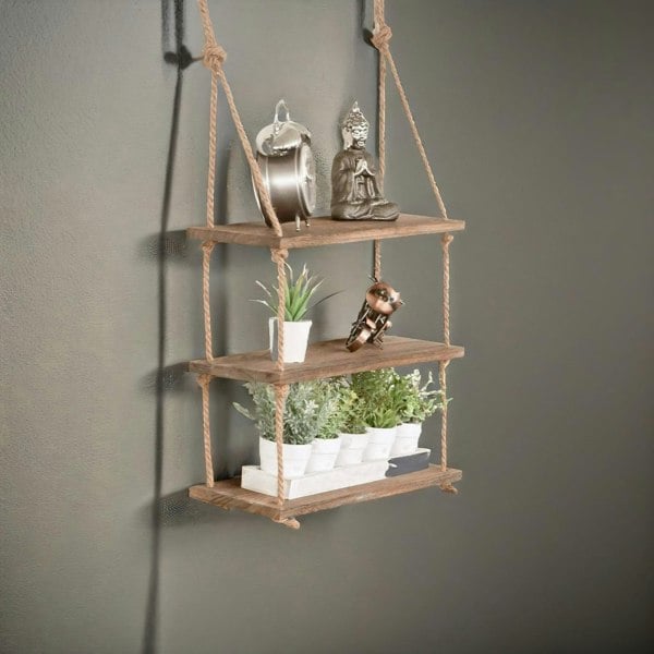 Rafaelo Mobilia 3 Tier Wooden Hanging Shelves With Rope Detail