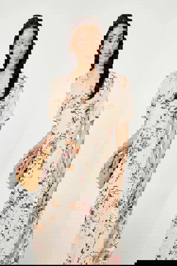 Linen | Floral Short Sleeve Oversized Midi Dress