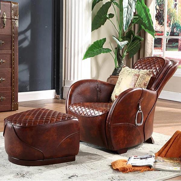 Saddle Chair And Footstool, Loft Style, Oil Wax Leather-Weilai Concept-Weilai Concept