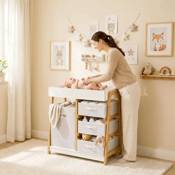 Bobobiy Baby Changing Table, Baby Changing Unit with 3 Drawers, Large Basket and Waterproof Pad for Bedroom Nursery, White - White
