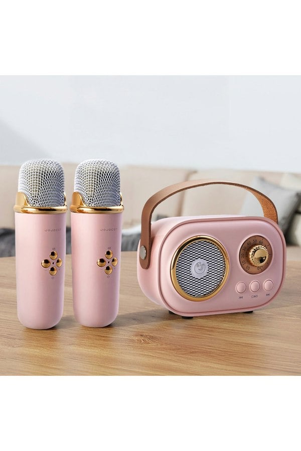 Living and Home Portable Retro Pink bluetooth Karaoke Machine Speaker System with Wireless Microphones