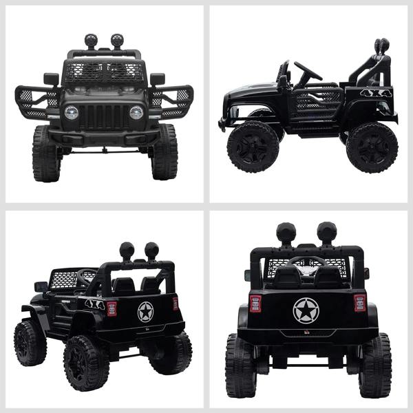 Black kids electric ride-on car shown from front, side, and rear with large off-road tires