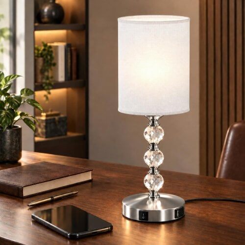 HOMCOM Bedside Lamp, Crystal Decoration Table Lamp, PVC shade - Silver Tone