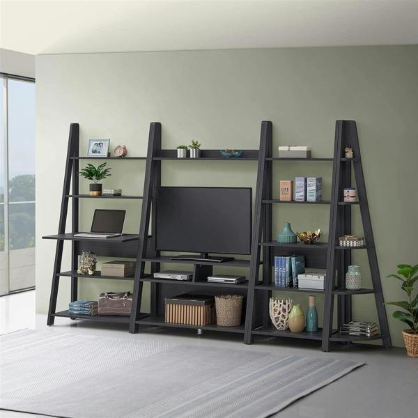 Timber Art Design Riva Ladder Bookcase with 5 Tier Shelves & Overhanging Desk Shelf