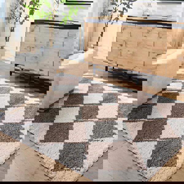 Livabliss Fossay Shag-Washable Beige Brown High Pile Diamond Rug