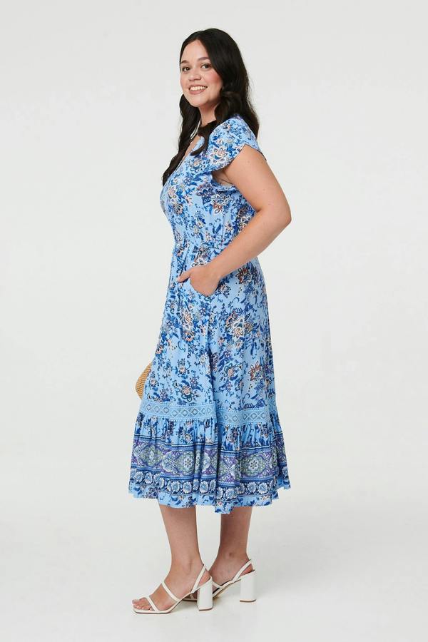 Blue | Curve Floral Cap Sleeve Lace Midi Dress
