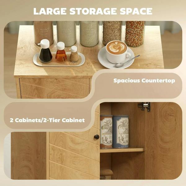Natural wood sideboard cabinet with spacious countertop and two-door storage, pine legs