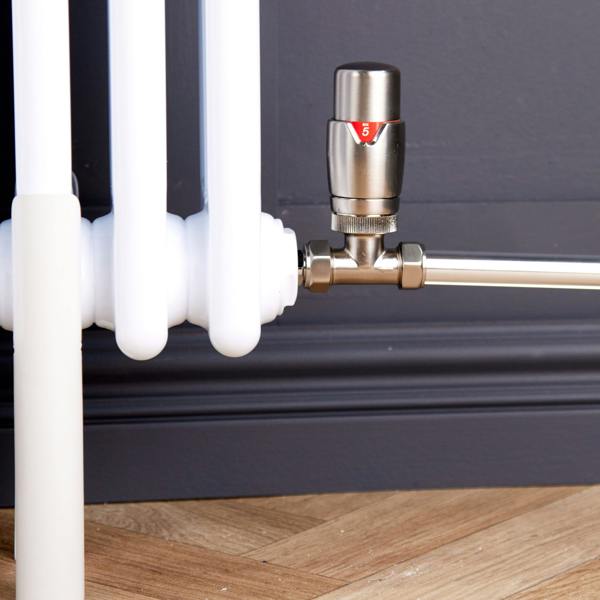 Flode Straight Round Thermostatic Radiator Valve Pack | 15mm x 1/2" | Brushed Steel