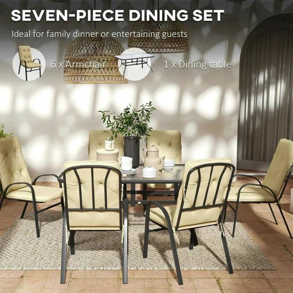 Seven-piece beige dining set with six cushioned armchairs and square dining table