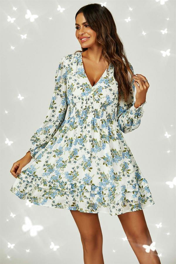FS Collection Floral Print ruffle Hem long sleeve Mini Dress In White