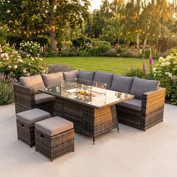 Fimous 8 Seater Rattan Corner Sofa Set with Gas Fire Pit Dining Table & 2 Stools - Dark Grey
