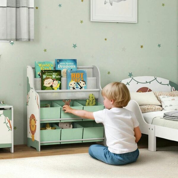 Kids Storage Unit, Toy Organiser with 6 Fabric Drawers and 2-Tier Sling Book Rack for Bedroom, Playroom, Nursery, Green - Green