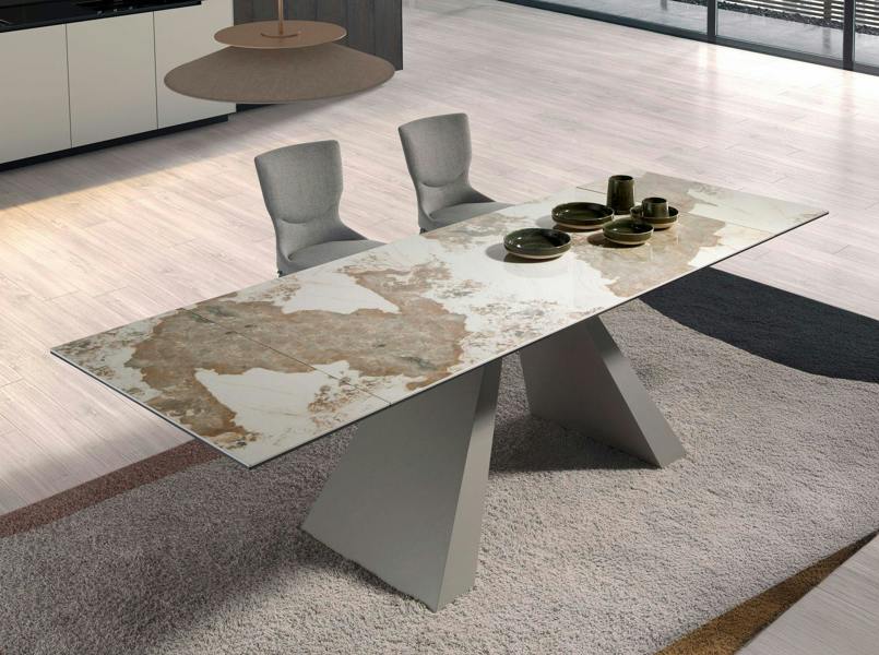Angel Cerdá Rectangular extending dining table in porcelain marble and taupe grey steel 1124