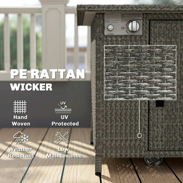 14.5 KW Rattan Gas Fire Pit Dining Table with Rain Cover, Wind Guard, Lid, Lava Rocks, Dark Grey