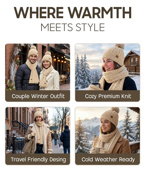 VIA MONTEN Women Scarf, Hat and Golves Set of 3 - Grey
