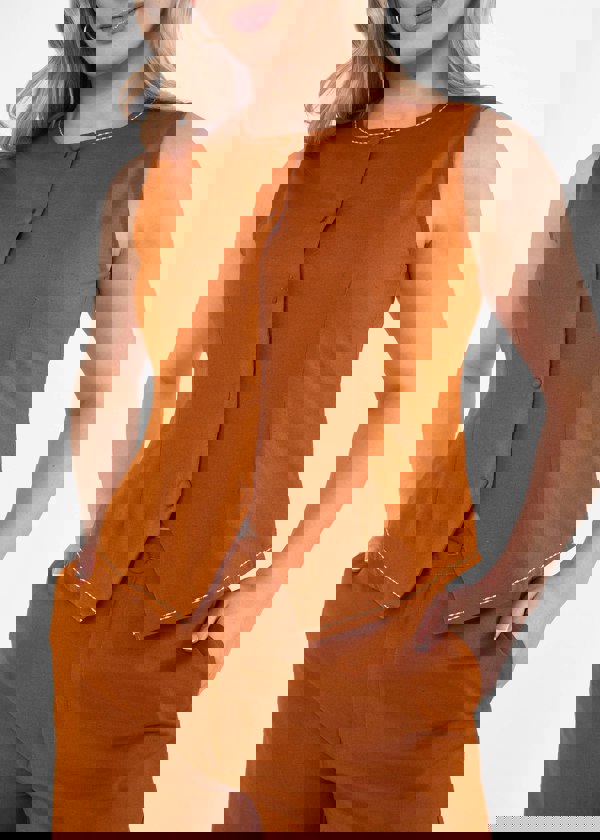 Gini London Rust Cotton Contrast Stitch Detail Waist Coat