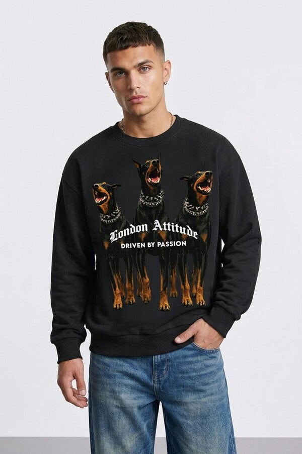 London Attitude Doberman Graphic Relaxed Oversized Fit Sweatshirt