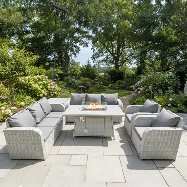 Fimous 8 Seater Rattan High Back Lounge Sofa Set with Fire Pit Dining Table, 2 Chairs, Side Table & 2 Sofas - Light Grey