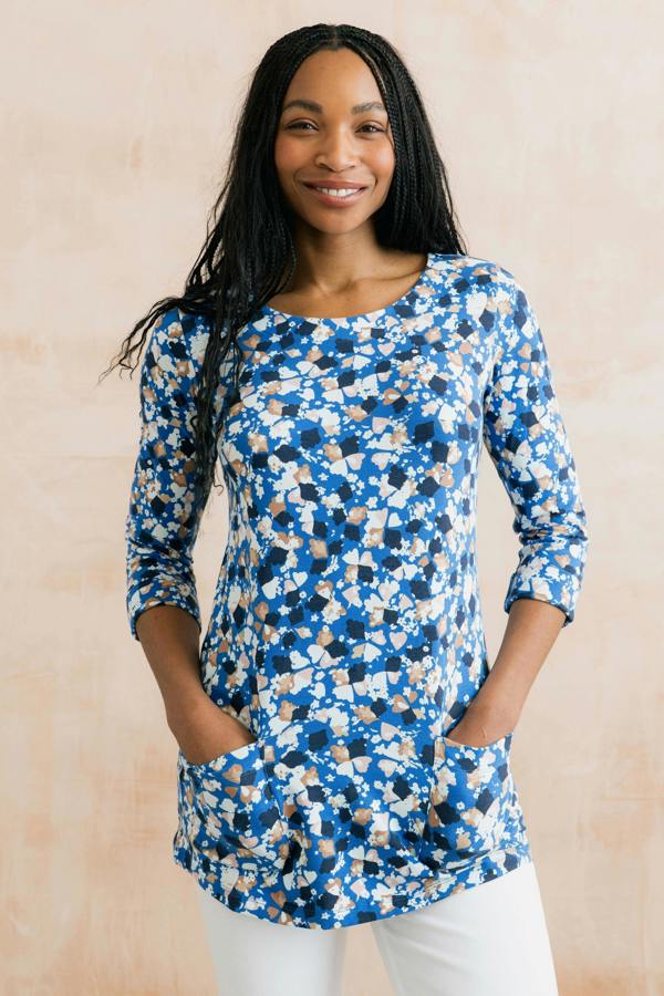 Lily & Me Coastal 3/4 Sleeve Jersey Print Tunic Cobalt