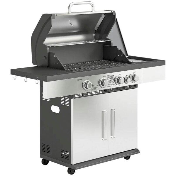 Bobobiy 4+1 Burner Gas BBQ Grill, Portable Gas Barbecue Grill with Side Burner, Warming Rack, Side Shelf, Storage Cabinet