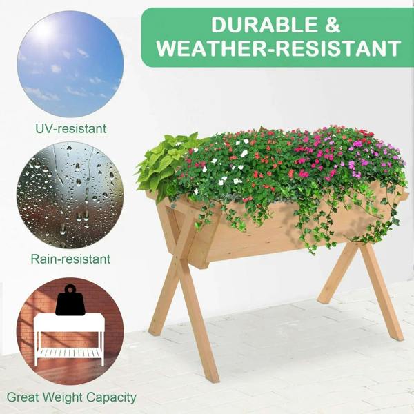 Raised wooden planter stand with open tray and angled legs over cross-braced base.