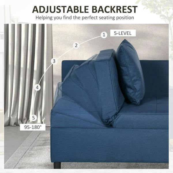 Blue sofa bed with five-level adjustable backrest and thick padded seat, two cushions
