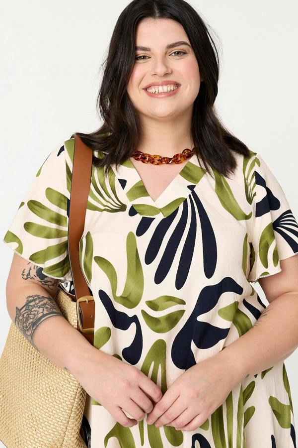Khaki | Curve Angel Sleeve Relaxed Midi Dress
