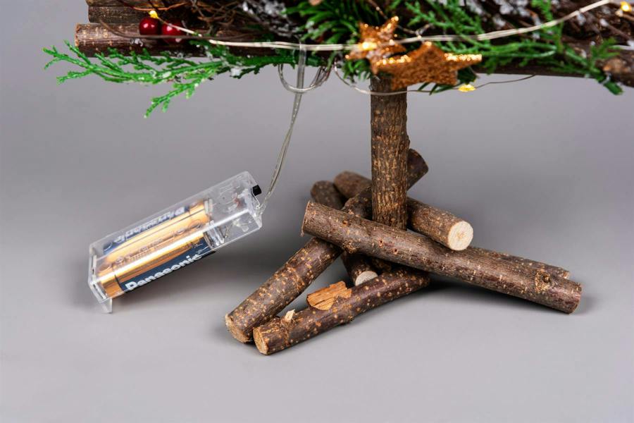5cm Battery Operated LED Twig Wood Tree with Warm White Lights, Red Baubles and Rustic Festive Details image 7