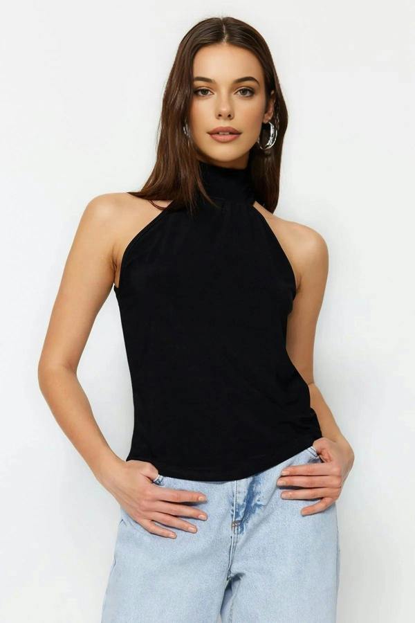WOVCOR Halter Neck Off-Shoulder Stretchy Knit Blouse