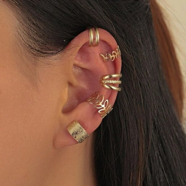 The Colourful Aura 5 Piece Gold Silver Slim Leaf Band Adjustable Wire Wrap Non Piercing Ear Cuff